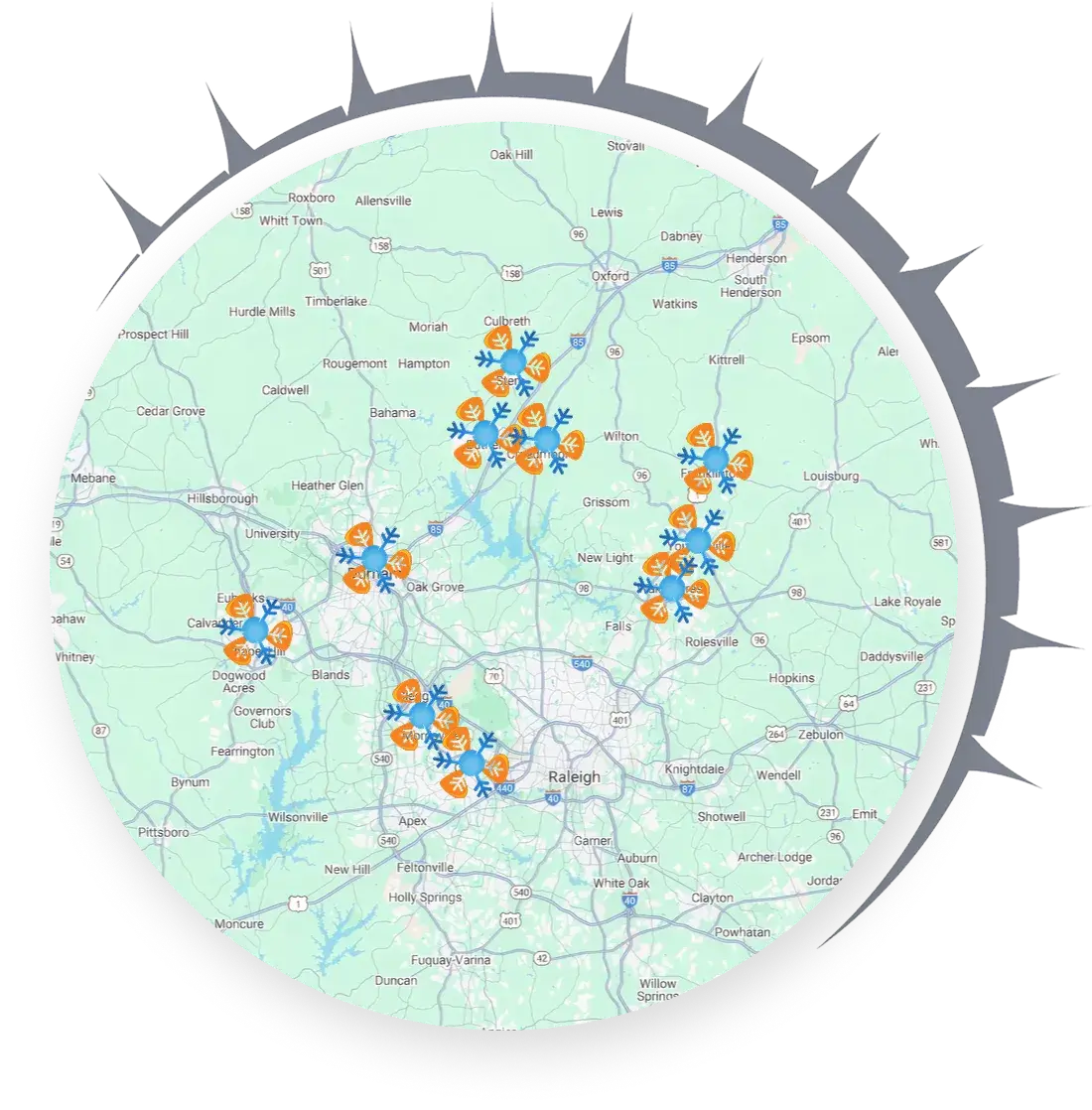 Map of the the Triangle region in North Carolina showing the cities Temperature Control Services serves